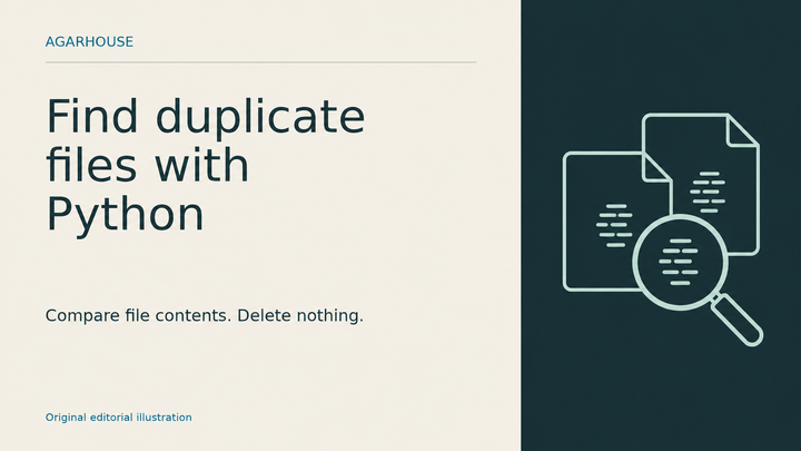 Agarhouse cover reading Find duplicate files with Python and Compare file contents. Delete nothing, beside two outlined documents and a magnifying glass.