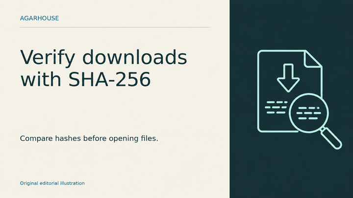 Agarhouse cover reading Verify downloads with SHA-256 beside an outlined download file and magnifying glass over hash patterns.