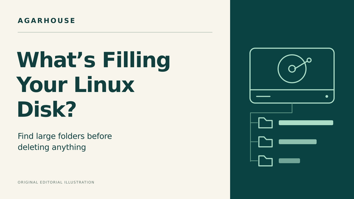 Agarhouse cover reading “What’s Filling Your Linux Disk?” with a disk drive and three folders beside bars showing different amounts of storage used.