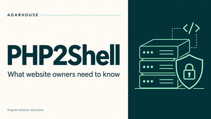 PHP2Shell: What website owners need to know, with a mint-colored shield and server illustration.