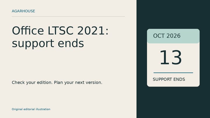 Original Agarhouse illustration of a calendar marking October 13, 2026, when Office LTSC 2021 reaches end of support.